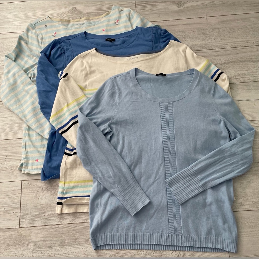 4 Lot TALBOTS Bundle Long Sleeve Knit Tops Blues & Creamy White Palette Size XL